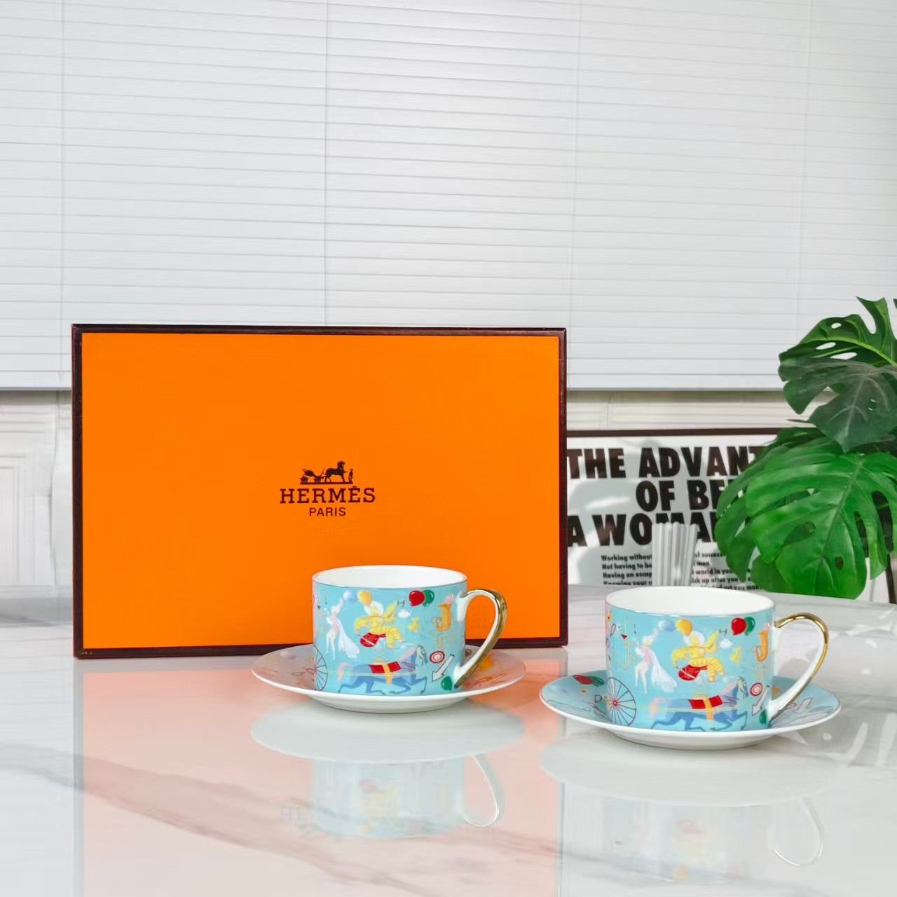 Hermes Blue Tea set of two cups plus saucers - Image 2 of 3